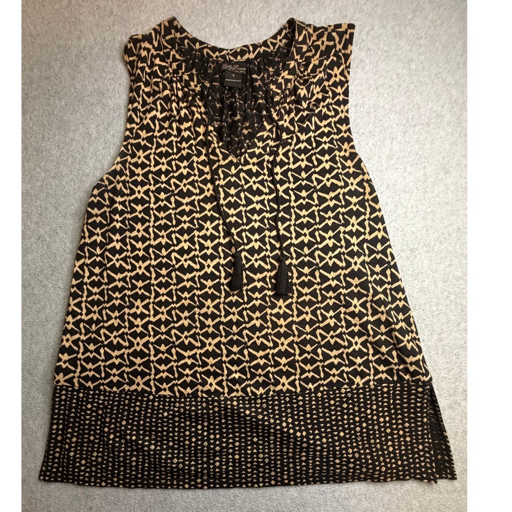 Lucky Brand Women's Small Black Tan Geometric Sleeveless Tassel Tie Blouse Top